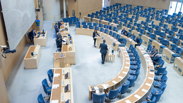 The Chamber of the Riksdag with a side view of the Speaker's platform.