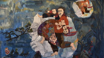 The tapestry The flight depicts a Kurdish refugee family that was forced to leave its native country marked by fire and violence and its meeting with the nature of Gotland.