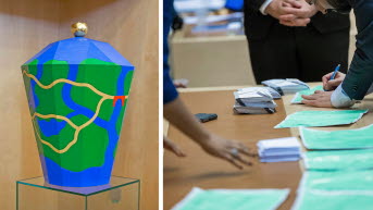 Montage, the ballot urn and a vote.
