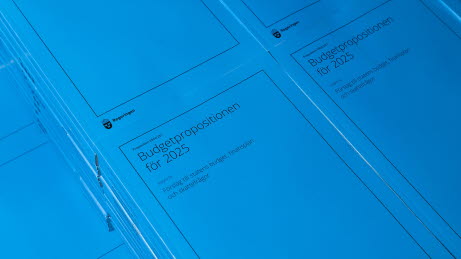 The printed version of the Budget Bill for 2025. The are several copies with a blue cover stacked next to each other.