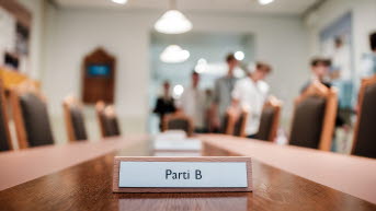 Ett långt bord där en skylt med texten "Parti B" syns i förgrunden.